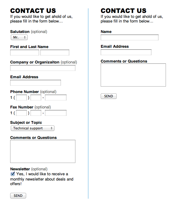 Example of two contact forms, with a long one on the right and a shorter, concise one on the left